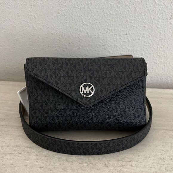 Michael Kors 556324C 006 Sz S/M Black Gray MK Logo Fanny Pack Waist Belt Bag - Picture 1 of 8